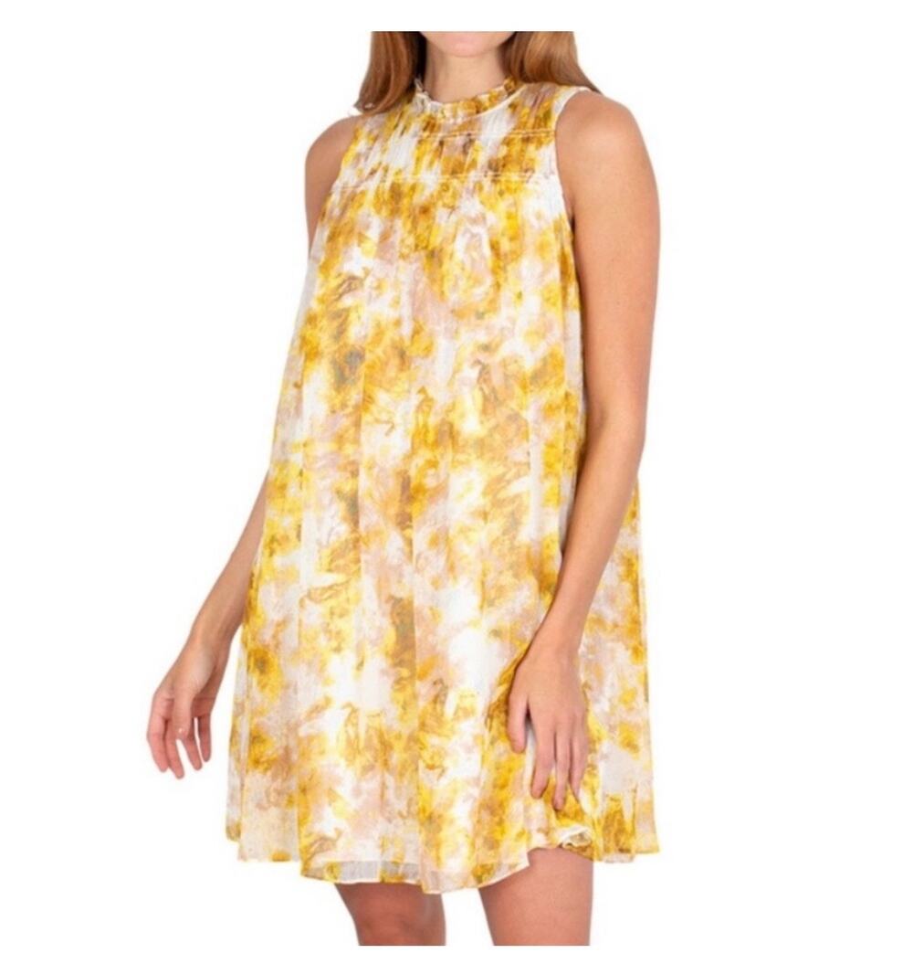 Joie Limited Edition Sunflower Porcelain Print Sleeveless Chiffon Mini Dress